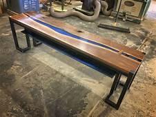 Live Edge Walnut Wooden Top Metal Base TV Table With Blue Epoxy Resin River Design In Middle Of The Wood