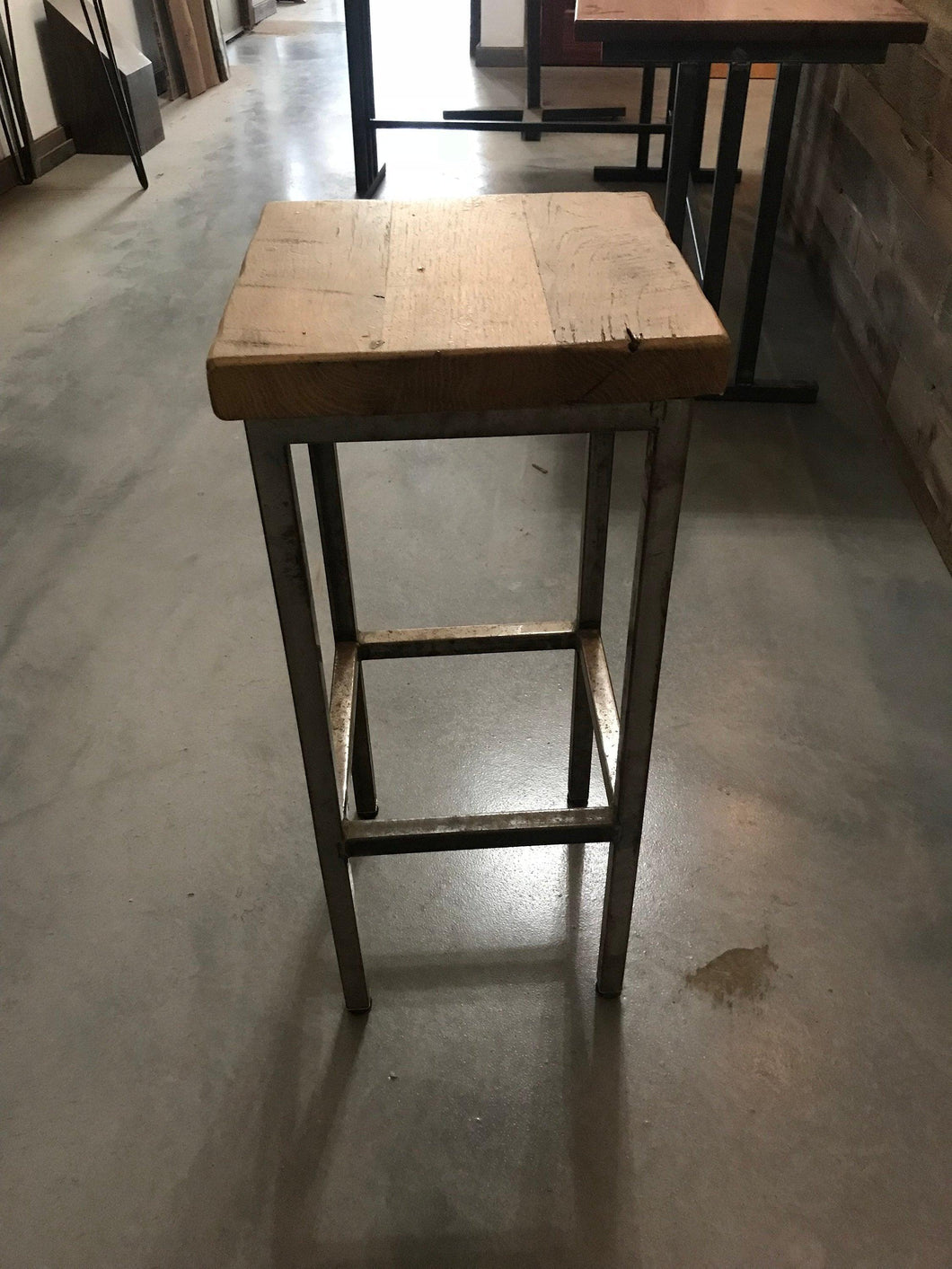 Reclaimed wood top and high steel base stool
