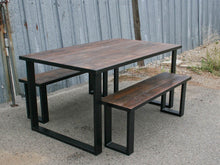 Solid Oak Wood Dining Table, Tube Steel legs, Rectangular and Two Long Benches