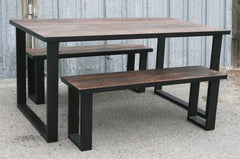 Solid Oak Wood Dining Table, Tube Steel legs, Rectangular and Two Long Benches