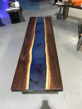 Blue Epoxy Resin Custom Table with Walnut Live Edge