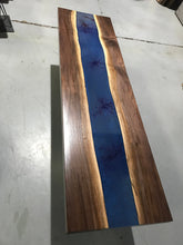 Blue Epoxy Resin Custom Table with Walnut Live Edge