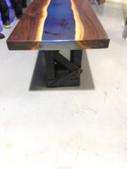 Blue Epoxy Resin Custom Table with Walnut Live Edge