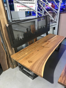 Live Edge Oak Wood Top Steel Bench with Chicago Skyline Laser cut