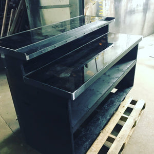 Black Bar with Epoxy Tops, wrapped in reclaimed wood and steel